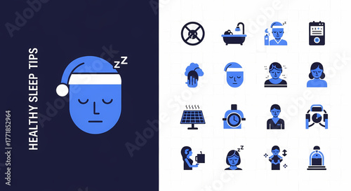 A vibrant set of flat vector icons depicting essential healthy sleep tips, daily routines, and self-care elements for a balanced lifestyle and personal well-being