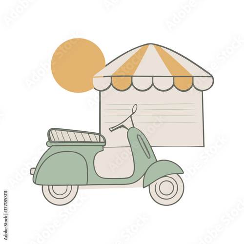 Vintage Scooter by Store Vector Illustration Transportation and Commerce Concept Hand Drawn Style Outdoor Business Scene Urban Lifestyle Vacation