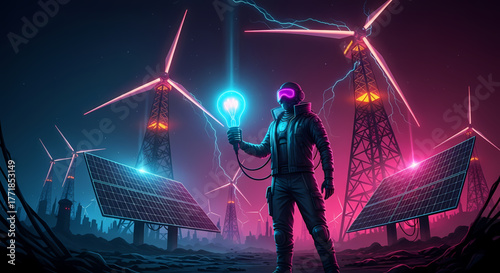 Futuristic innovator in VR headset holds glowing energy source, surrounded by neon-lit renewable power infrastructure of wind turbines and solar panels, symbolizing sustainable tech