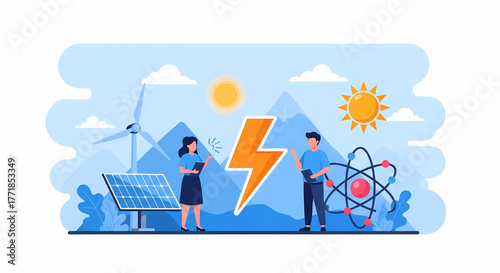 Conceptual illustration contrasting sustainable renewable energy, solar and wind power, with scientific energy generation, symbolizing global power choices and technological advancement for a cleaner