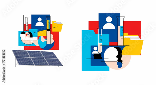 Illustrative representation of sustainable human resource management, integrating renewable energy solutions, scientific innovation, and data-driven talent development for a progressive future