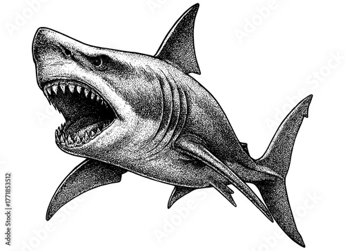 Great White Shark Engraving, Vintage Stipple Illustration of Ocean Predator, Black and White Marine Etching Isolated on Transparent Background