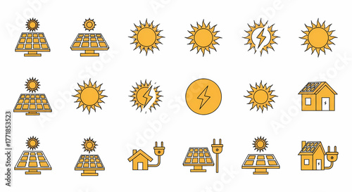 Vibrant vector set of solar energy and renewable power icons, illustrating sustainable electricity generation, sun-powered technology for homes, and eco-friendly solutions for a greener future