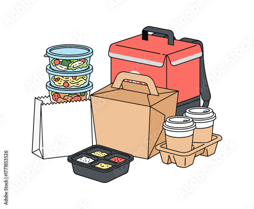 Food delivery service with take out containers and coffee cups