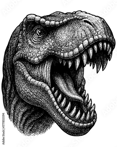 Tyrannosaurus Rex Engraving, Vintage Stipple Illustration of Dinosaur Head, Black and White Paleontology Etching Isolated on Transparent Background