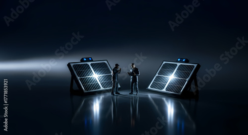 Visionary engineers discuss the implementation of advanced portable solar technology, showcasing a commitment to sustainable energy and eco-friendly power generation for a greener, innovative future