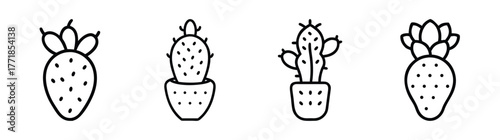 Charming hand-drawn style strawberries and potted cactus icons for design projects