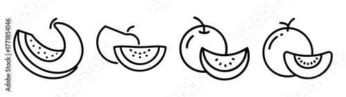 Set of cantaloupe fruit icons fresh ripe cantaloupe slices and whole fruit line art