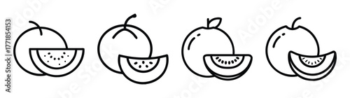 Four cantaloupe slices and whole fruits simple line art icon collection