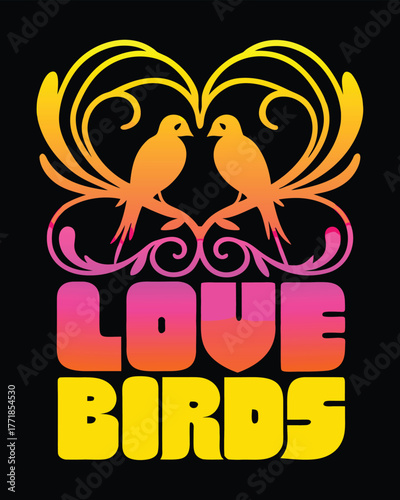 Retro Love Birds Design with Ornamental Heart and Cheerful Gradient Text