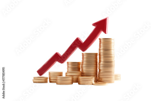 Stacked shiny gold coins symbolize growth in wealth with a rising arrow in the backdrop