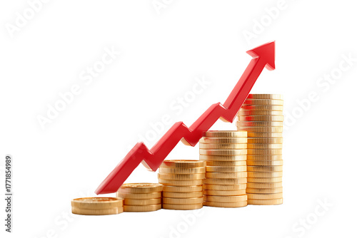 Shiny gold coins stacked in an upward trend with a red arrow indicating growth in finance and investment