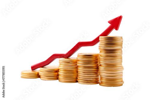 Gold coins stacked high with an upward trending arrow symbolizing financial growth and success in investments