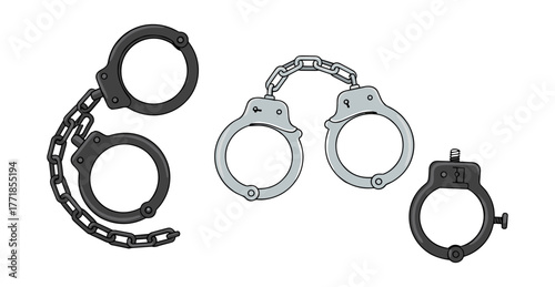 Handcuffs cartoon vector set representing arrest and justice