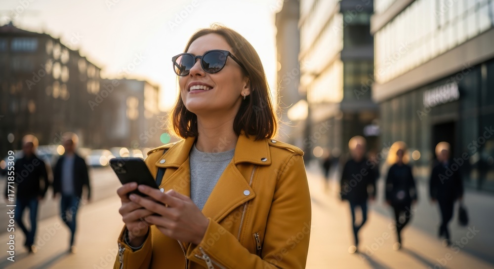 Obraz premium Young caucasian female enjoying city walk at sunset with smartphone