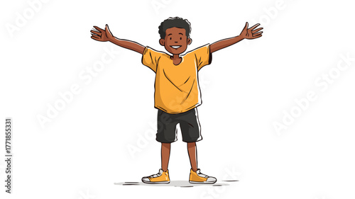 Cheerful African American Boy Standing with Open Arms Vector Illustration