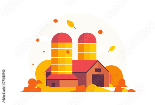 Farmland building with silos displaying autumn colors