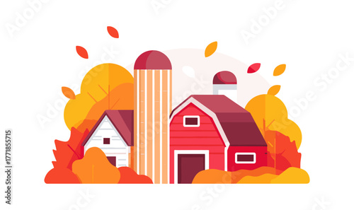 Farm buildings with autumn trees and falling leaves