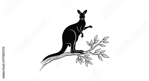 A black silhouette of a kangaroo standing on a branch with leaves against a white background.