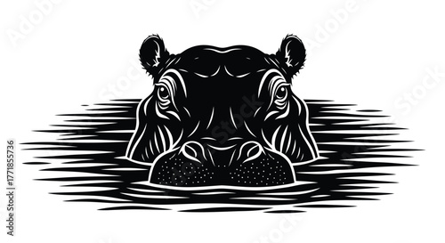 A black and white illustration of a hippopotamus head emerging from water.
