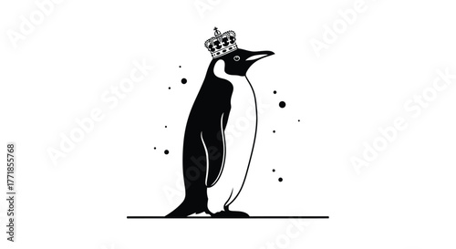 A penguin stands tall with a regal crown atop its head on a minimalist white background.