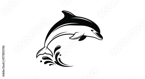 A black and white illustration of a dolphin leaping out of stylized water.