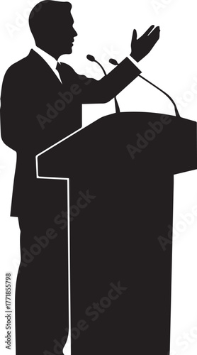 Man in suit speaking at podium with microphones on human rights day concept