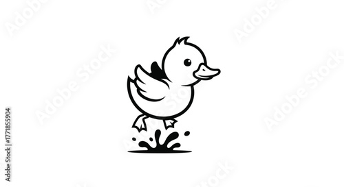 A cartoon duckling jumps joyfully in a puddle with water splashing.