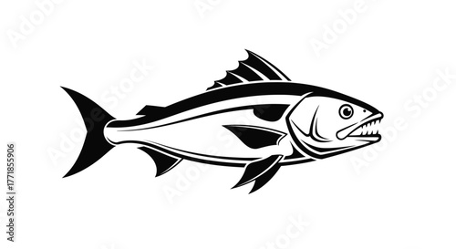 A stylized illustration of a powerful tuna fish with sharp teeth and fins.