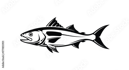 A stylized illustration of a predatory fish with sharp teeth on a white background.