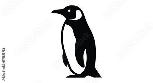 A stylized silhouette of a penguin stands against a white background.