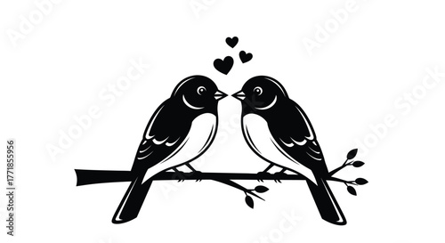 Two love birds perched on a branch with hearts above their heads.