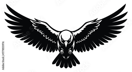 A powerful black eagle with outstretched wings is depicted in a stark, graphic illustration against a white background.