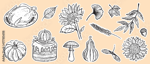 Happy Thanksgiving day sticker pack with roasted turkey, pumpkin pie, autumn leaves, mushroom, acorn in black brush stroke texture. Hand drawn vector sketch illustration in vintage charcoal ink.
