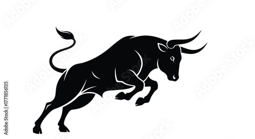 A powerful black bull is depicted mid-leap with its horns pointed forward.