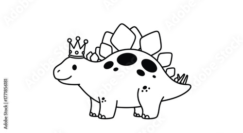 A cute, cartoon stegosaurus dinosaur wearing a crown on its head.