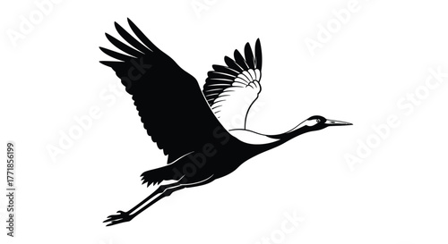 A silhouette of a crane in flight against a white background.