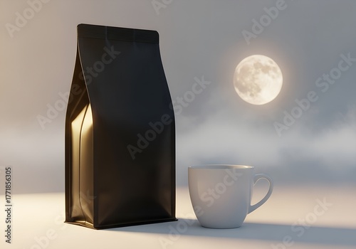 Halloween spooky moonlight coffee scene with surreal misty background