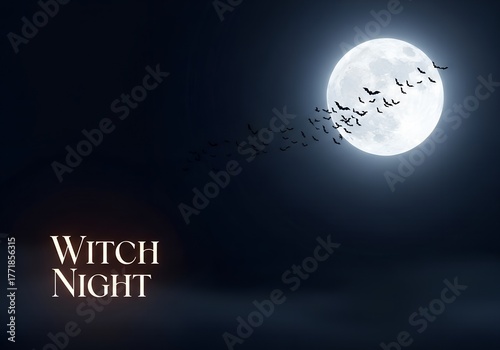 Halloween witch night concept with glowing moon and flying bats design