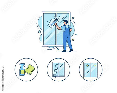 Cleaning service worker washing window using squeegee