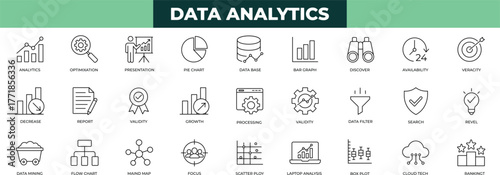Data analysis minimal thin line icon set. Optimization, outline, pie chart, presentation, processing, ranking, report, reveal icons collection.