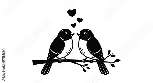 Two birds sitting on a branch with hearts above them