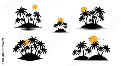 Collection of tropical island silhouettes featuring palm trees and sunsets