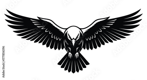 A black silhouette of a raven with outstretched wings is depicted against a white background.
