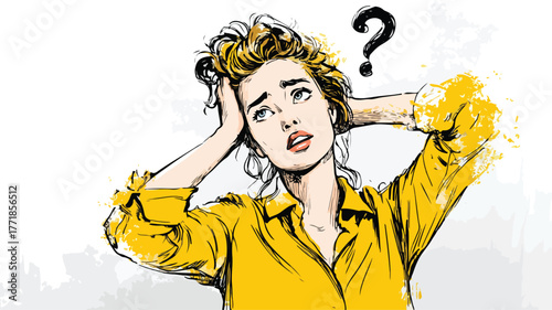Confused Woman Scratching Head with Question Mark Seeking Solution
