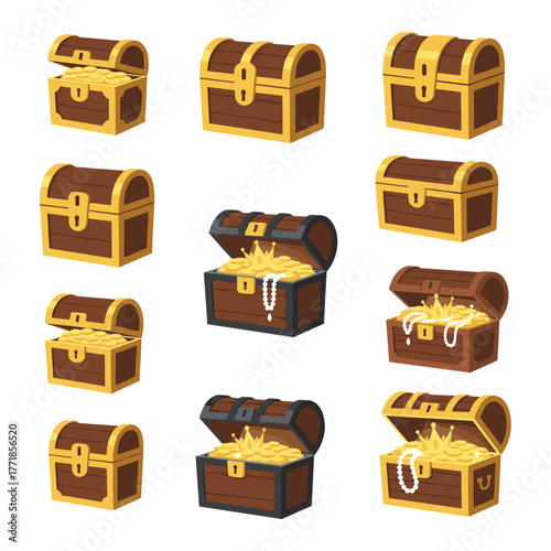 Treasure chests opening revealing gold coins and jewelry