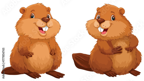 Adorable Cartoon Beaver Character Sitting and Playfully Interacting with Viewers
