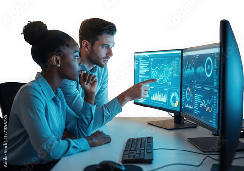 Two diverse professionals collaborate analyzing data on multiple computer screens with futuristic interface isolated on transparent background