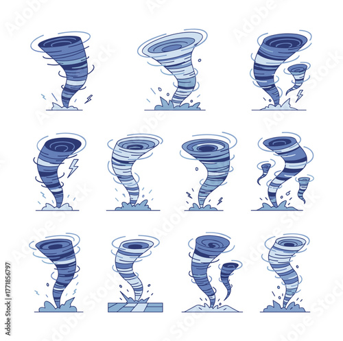 Tornado collection illustrating storm weather and dangerous twister disaster