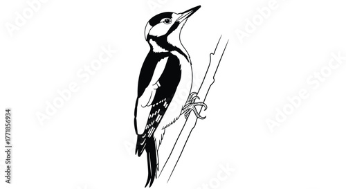 A black and white illustration of a woodpecker perched on a branch.
